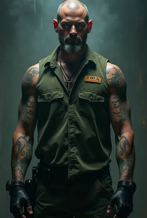 A mysterious special forces soldier has a strong body, many tattoos, wears a military shirt, a cross necklace, and wears military gloves. He faces a panel with the alien character in the Alien Character movie in Space. There is a big word Soulchill at the ...