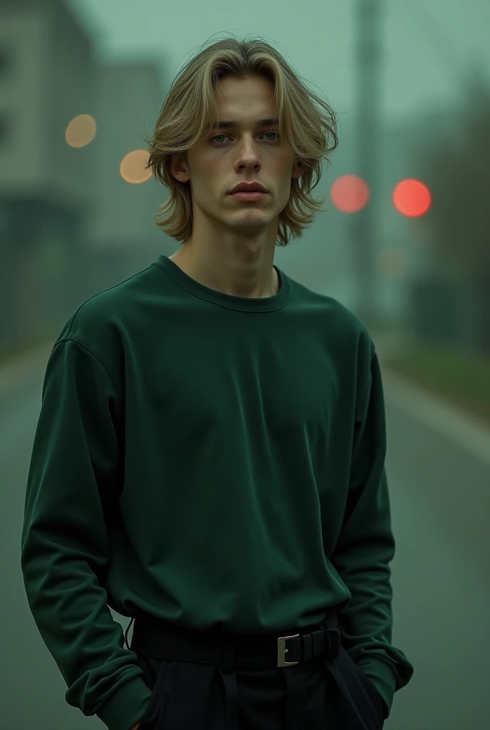 Elliot James Reay in a faded hair style, wearing dark green long sleeve and black pants. 80's style