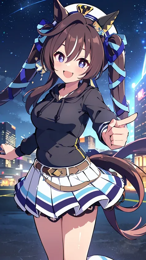  Masterpiece,  top quality,  Hi-Res,  very detailed,(((Viblos))), (((Uma Musume))), (((Around town)))、(((electric wire)))、(((smile)))、((( is standing in the distance))), ((( wearing a black hoodie。))), Electric pole, night, ((( starry sky ))), (((hybrid or...