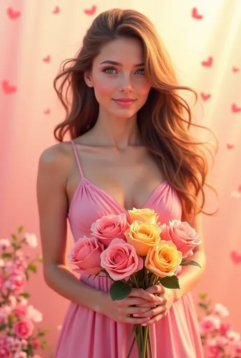 Beautiful young woman with long brown hair and blue eyes on Valentine's Day wearing a long pink dress and a bouquet with 7 pink yellow roses