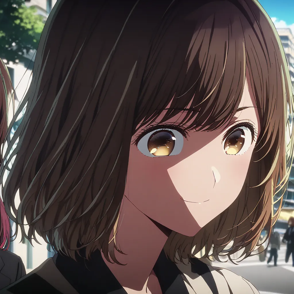 (best quality:1.2, Anime Artwork, Very detailed,  high detail, Digital coloring,  high contrast, masterpiece:1.2,  best quality,  best aesthetics), lighting front,  Sunny day, 
(((Akane Kurokawa, bangs, brown eyes,  brown hair,  Medium Hair , dark  brown h...