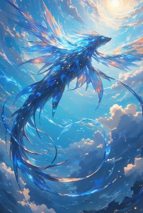 A massive, mythical creature soaring through the sky, inspired by the Blue Glaucus atlanticus. Its elongated, sleek body glows with iridescent blue, silver, and deep ocean hues. Flowing, fin-like appendages extend from its sides, resembling the cerata of a...