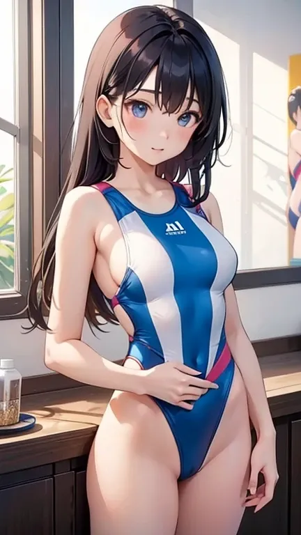 two Asian women, adults, wearing sexy leotard (artistic gymnastics competition swimsuit), Juntas, breastsout, best qualityer, anime styling