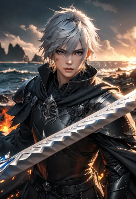  High Quality, ULTRA REALISTIC, absurdities,  highres, ultra detailed, HDR,  masterpiece,MALE NOCTIS LUCIS CAELUM WITH LONG WHITE HAIR AND EYES AS BLUE AS THE OCEAN,  WEARING AN EARRING WITH A SAPPHIRE STONE  (joy),  BATTLE SCARS ACROSS HIS FACE WEARING ME...