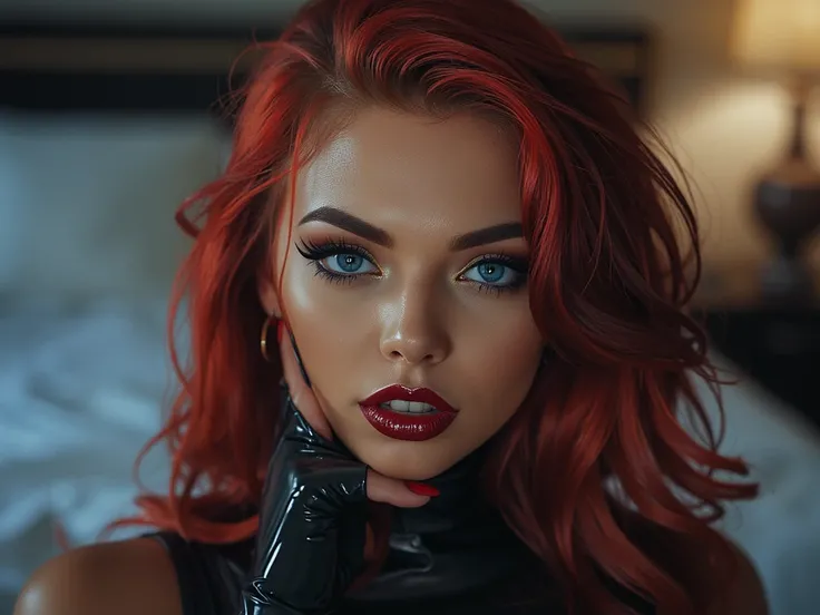 deep red lips, lip gloss, shiny lips, eyeliner flicks, thick eyeliner, latex outfit, cute makeup, red hair, blue eyes, bedroom