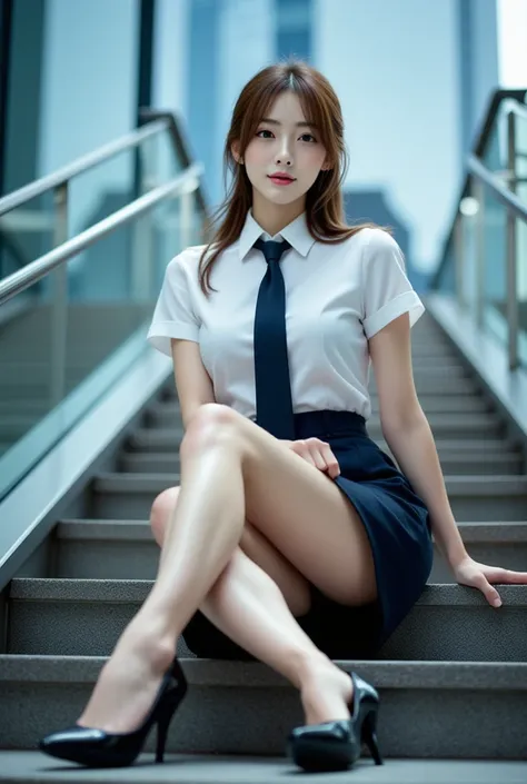 sexy beautiful Japanese woman, self-defense officer uniform, wearing a white short-sleeve shirt, navy tie, navy pencil mini skirt, sexy black patent high heels, beautiful hip line, The whole body is reflected from the feet up, She's sitting on wide stairca...