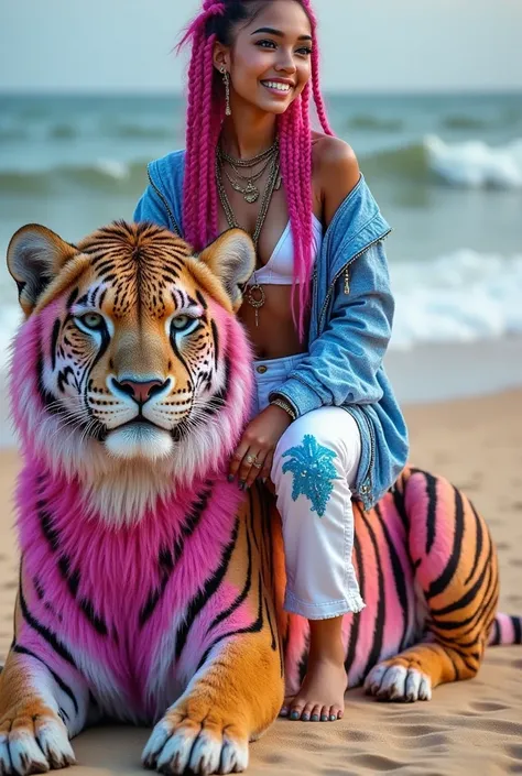 she is sitting on a colourful tiger on the beach, laughing out loud