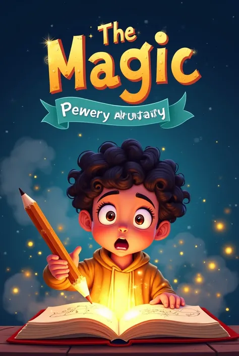 Here’s a detailed prompt for your YouTube channel "Chalo Kahani Sune" thumbnail:


---

Prompt:
"A magical scene featuring a surprised  boy with curly hair and big eyes, holding a glowing wooden pencil. In front of him is an open notebook where he has draw...