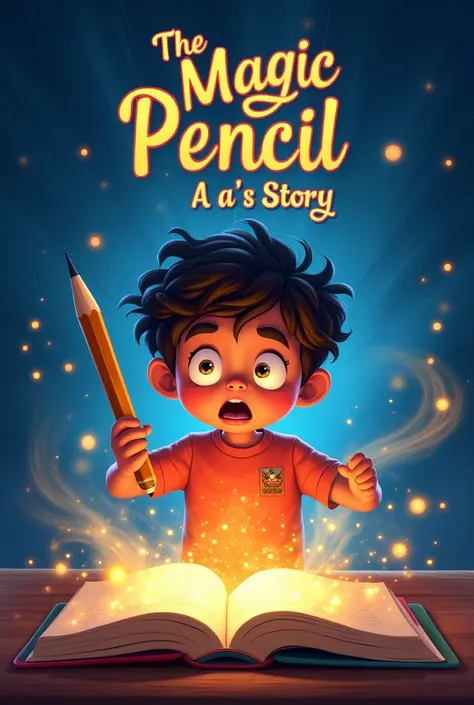 Here’s a detailed prompt for your YouTube channel "Chalo Kahani Sune" thumbnail:


---

Prompt:
"A magical scene featuring a surprised  boy with curly hair and big eyes, holding a glowing wooden pencil. In front of him is an open notebook where he has draw...