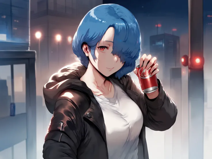 Hews style, 1girl, solo, blue hair, hair over eye, red eyes, black leather jacket, hooded long jacket, white shirt, looking at viewer, night city, can of coke in hand