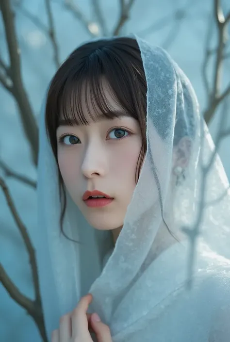   Highly Detailed Depiction of a Young Asian Woman ,  The Pale  ,   The Graceful Character  ,  Gives Her An Angelic Look .   For Her Expressive Eyes 、 is full of innocence and mystery that enhances softness ,   adds purity and kindness to her expression  ....