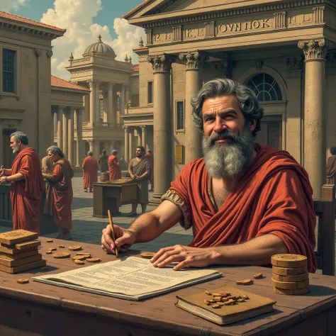  image collage ,  representing different eras in bank history :
 Ancient clay tablets with debt records.
A Roman banker at a table .
 Medieval bank office .
 Modern Bank Building .