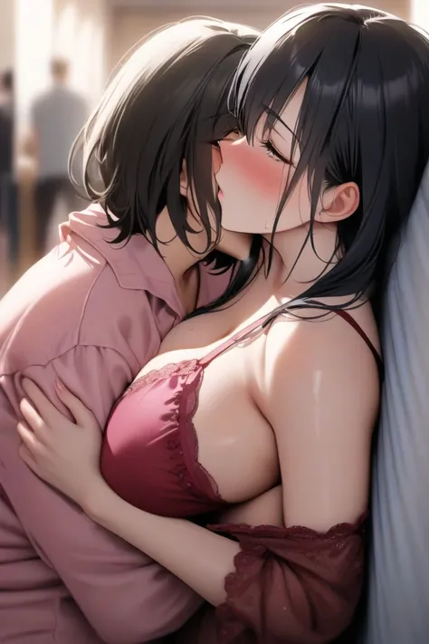 top quality, masterpiece,  Hi-Res, 8k, (2 girls ),  (((face shot))),   wearing sexy nightwear, １People have big breasts, black hair, short hair, and a bulging penis can be seen through their clothes, １ people who look away with a sad expression have beauti...