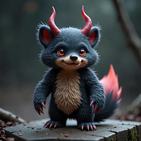  a bear, a fox tail, demon horns growing from its head, and a black body

Change the yellow coat to black、Make a mini character with a coat like a wolf 