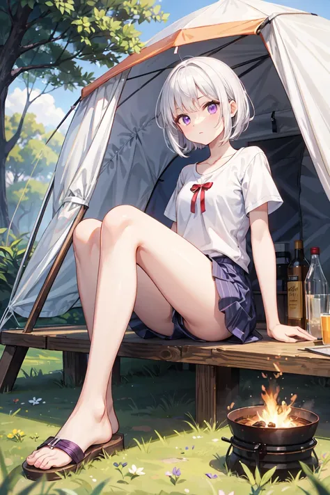 Tall、 beautiful、 white skin、 long legs、 Shortcut with Bangs、 purple eyes、cool、Break、quiet、 white hair、 miniskirt、 casual fashion、nature、tent、 camping