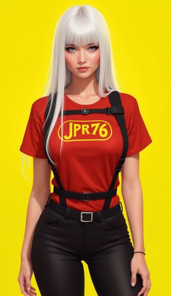 "A woman with long hair,  straight and white ,  wearing a red t-shirt with a yellow logo that says' JPR76 'in the center. He wears a black harness and black tights ,  creating a modern and elegant style .  His expression is calm and captivating ,  and he i...