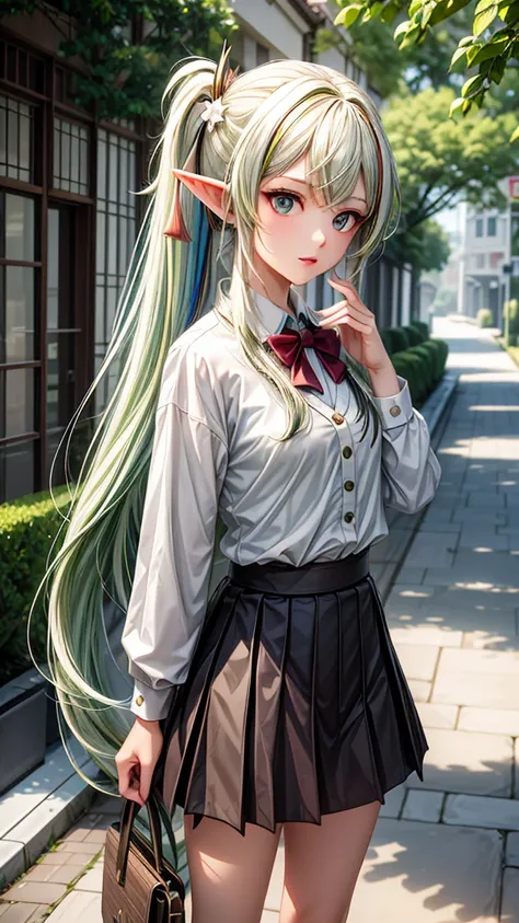 masterpiece , best quality,nahida(genshin impact) ,1girl , small breast,long hair ,side ponytail, hair ornament , white hair , green hair , hand behind head:1.5,multicolored hair, elf , pointy ears , school uniform , skirt ,cardigan,road , street,looking a...