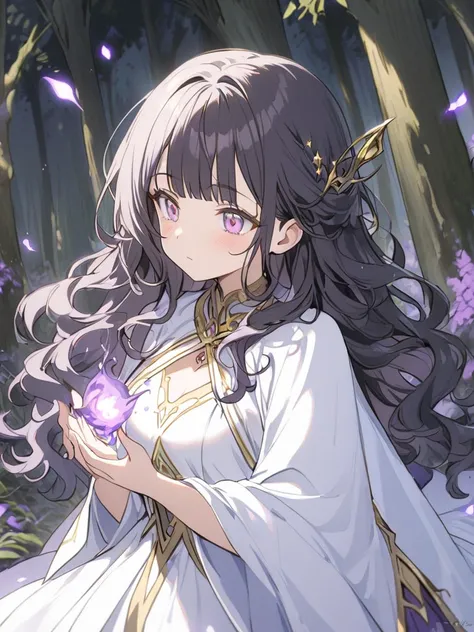 1 girl, bangs, black wavy hair, violet and gold eyes, white robe, dress, sorcery, forest