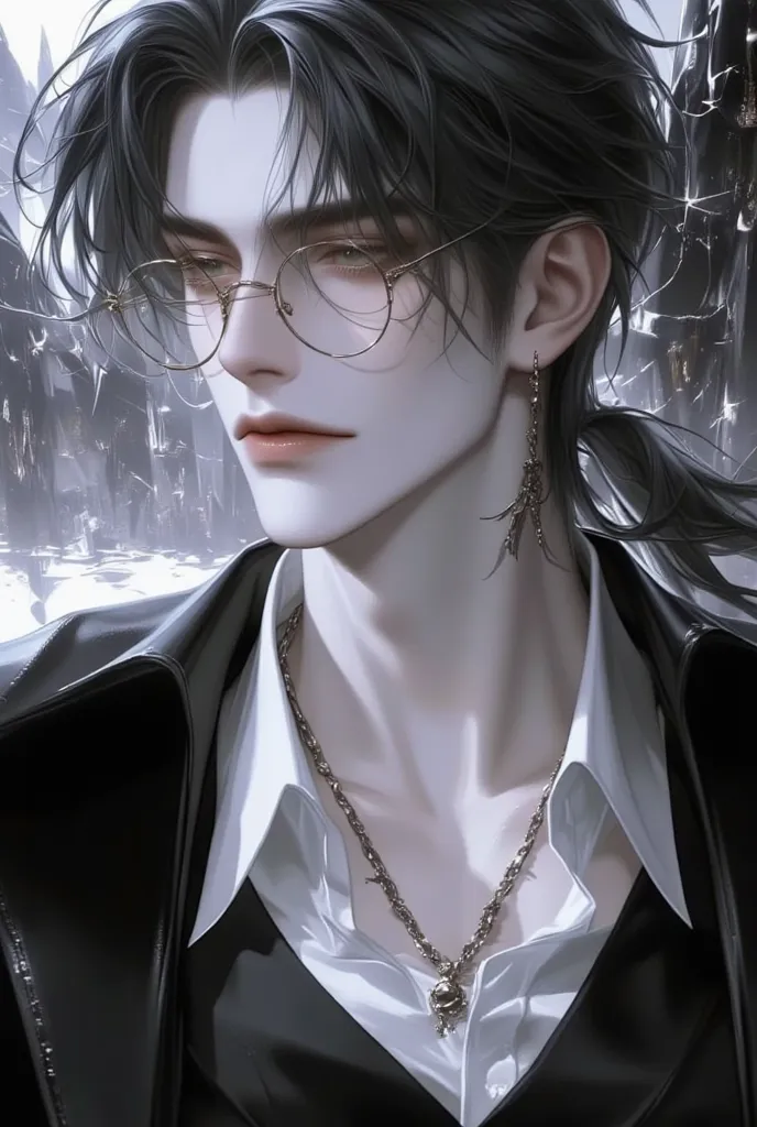 score_9,score_8_up    ,score_7_up    ,alone,looking at viewer,Single,  High resolution , anime style,Anime boy ,long hair, bangs, a ponytail tied underneath, 分開的bangs. Use a soft colour scheme to generate a handsome man with pale skin, wavy messy black hai...