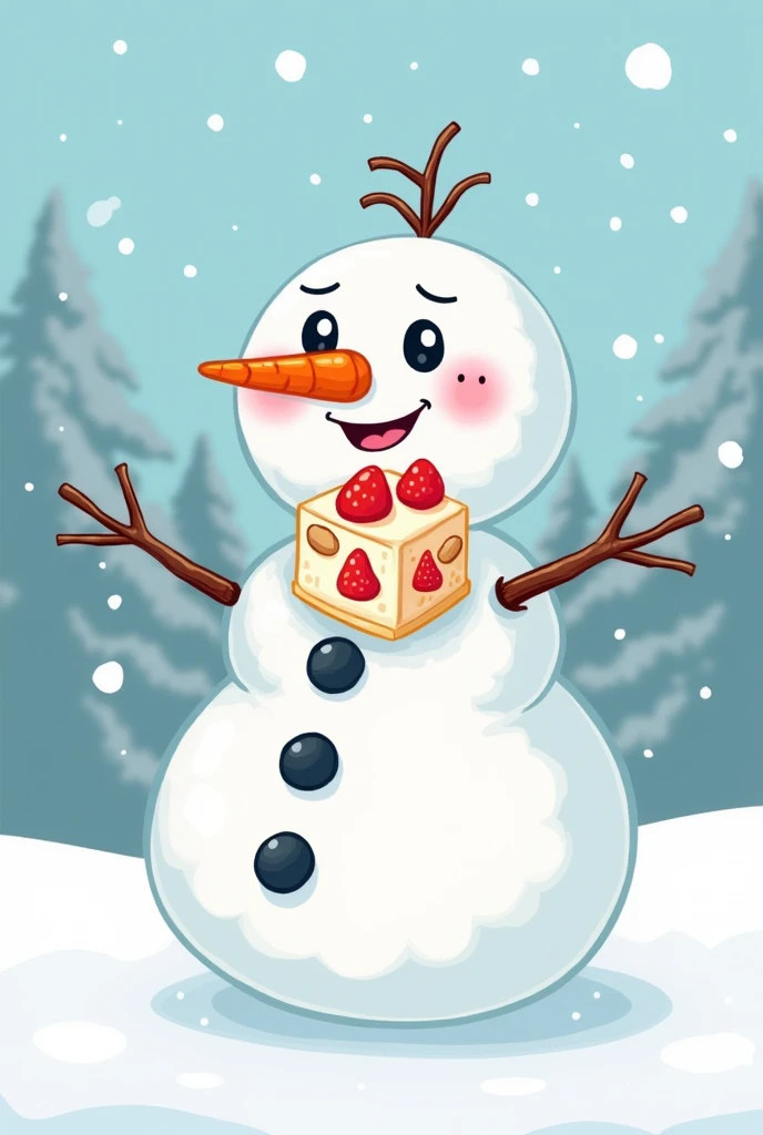 a cartoon png of a snowman holding a stick of snowflake crisp(small box shaped marshamallow with strawberries and nuts inside).with 1:1 aspect ratio.