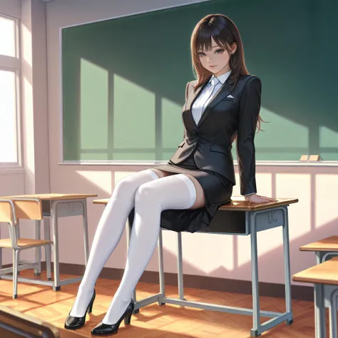 asian woman in a suit sitting on a desk in a classroom, thighhighs and skirt, wearing a strict business suit, in a classroom, in strict suit, in a strict suit, full length and white stockings, wearing headmistress uniform, sitting on a desk, a hyperrealist...