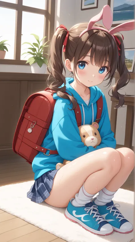  top quality、  Hi-Res,  Masterpiece,  anatomically correct,  High Details ,  textured skin,  one girl ,、small girl, from my chest:1.2、 mouth、 sky blue eyes,  indoor, Shiny dark brown hair :1.3,  long wave hair 、Hairstyle: twin tails, Hair tied with a ribbo...