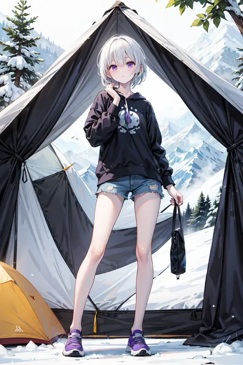 Tall、 beautiful、 white skin、 long legs、 Shortcut with Bangs、 purple eyes、cool、Break、quiet、 white hair、 casual fashion、nature、tent、 camping、 Snow Mountain 