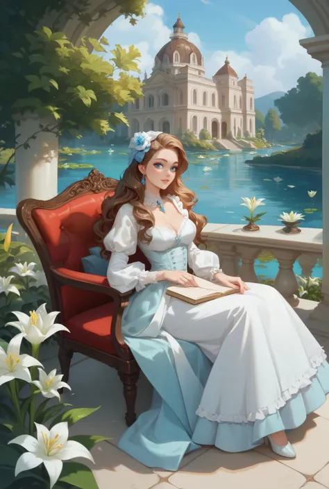 The brown-haired woman with long wavy hair and blue eyes like aquamarine. The background is a white lily garden outside the mansion, and she is sitting in a chair with her sitting gracefully like an aristocrat. She is wearing a light blue and white long dr...