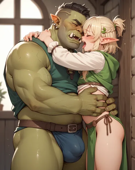 Fantasy, petit elf raped by a loincloth orc , (sex:0.05) , (cum:0.8) , (clothed elf) , male orc only village , loosebody , ugly face , (cunnilingus:0.8) , lift up hug , (erection:0.5) , Groin bulge