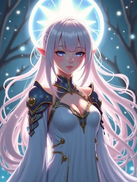 Female Anime Character, detailed retina, long flowing hair, white robe, bright halo, bright aura, fantasy armor, 2D Anime Girl, half body shot