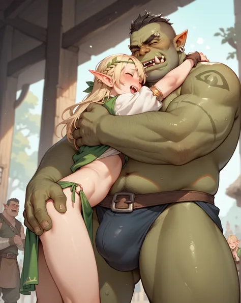 Fantasy, petit elf raped by a loincloth orc , (sex:0.05) , (cum:0.8) , (clothed elf) , male orc only village , loosebody , ugly face , (cunnilingus:0.8) , lift up hug , (erection:0.5) , Groin bulge