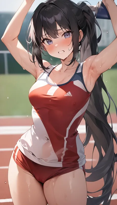 (NSFW) (( uncensored)) (Partial lifting of restrictions) Super high image quality, 4K image quality, 8K image quality, no mosaic, no NG, grotesque, one girl, black hair, ponytail, track and field athlete, can be seen from clothes, chest sweaty body