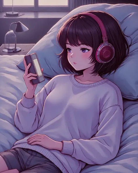 
anime girl  lying on bed  with a cell phone in her hand, Harumi Hironaka , tumblr, series art , Lofi Girl,  anime mood ,  lofi art style , anime aesthetic,  Soft anime illustration ,  lofi portrait  , lofi feel, (  Ilya Kuvshinov  ), Retro anime girl,  ly...