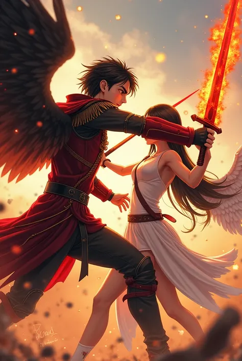 Anime style ,male with tan skin, dark black and reddish hair,royal army outfit,with firey wings,holding a sword of fire,fighting with a lean girl with long straight black hair,with white and red wings,holding a sword of fire,sword clashing,in a battle fiel...