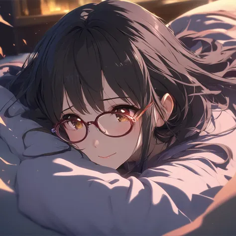 masterpiece, super fine illustration, highly detailed, dynamic, break,  Masterpiece,  high quality, 8k, 3d, 2.5D, 16k,  real , Artistic, A moving scene
A cinematic, dramatic scene featuring 1 girl lying on the bed in a softly lit bedroom at night. The girl...