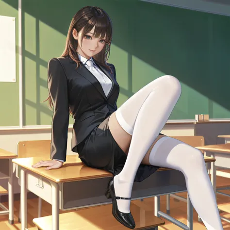 asian woman in a suit sitting on a desk in a classroom, thighhighs and skirt, wearing a strict business suit, in a classroom, in strict suit, in a strict suit, full length and white stockings, wearing headmistress uniform, sitting on a desk, a hyperrealist...