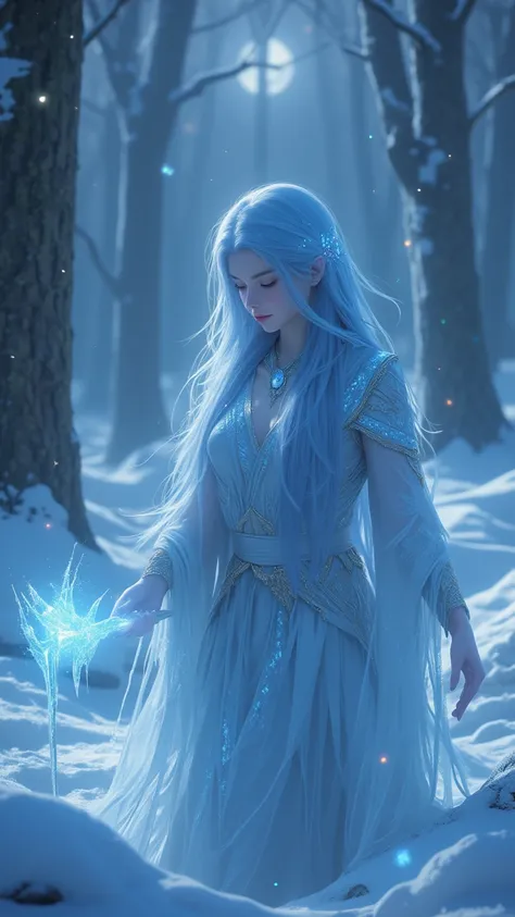  in a serene 、 charming forest ， A witch of frost walks gracefully through the icy landscape 。 Her skin glistens ，Like ice ， She Long silver blue hair dragged behind like a frozen river。 She wears a robe made of frost and icicles ， twinkles under the faint...