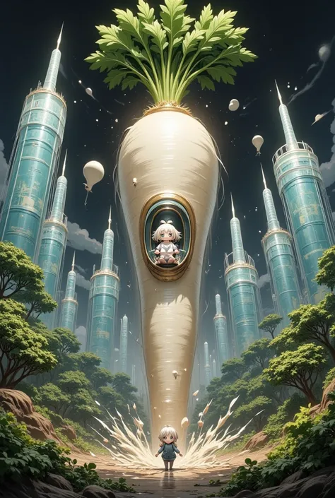 ultra detailed, absolutely resolution, masterpiece. 
huge radish as tall as a skyscraper, a glass elevator in the middle from which you can see outside, and Maromayu-chan riding in a buggy inside the elevator, round eyebrows, high layered very short cut, a...