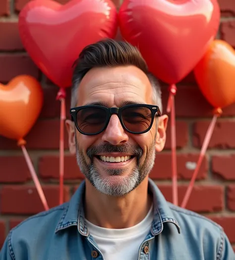 55 years man with short under cut hair, dark brown, smiling thin , wearing sunglasses, shirt , heart balloons, red brick on the background, 4K ultra realistic full body