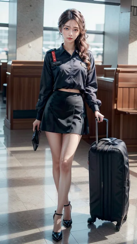 A beautiful, 24-year-old Japanese woman with perfect anatomy, healthy thighs, beautiful legs, beautiful skin, random hair color and style, large breasts, (wearing a flight attendant uniform with a mini-skirt:1.3), (she is standing:1.2), full body shot, pum...