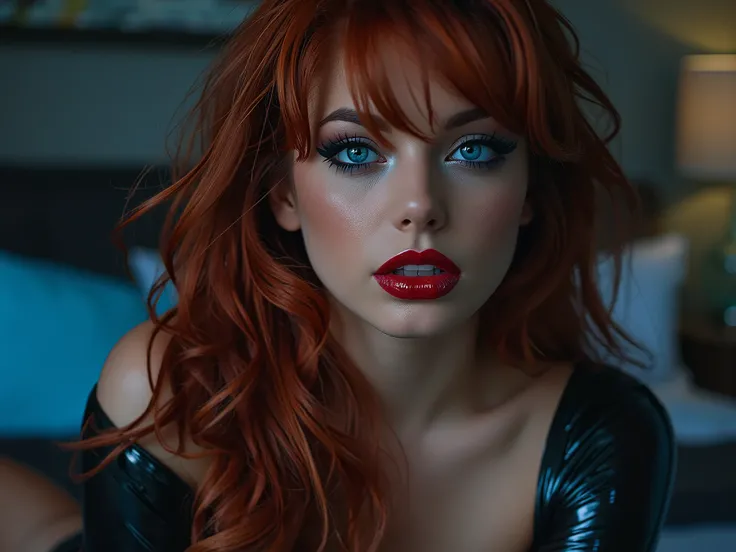 deep red lips, lip gloss, shiny lips, eyeliner flicks, thick eyeliner, latex outfit, cute makeup, red hair, blue eyes, bedroom