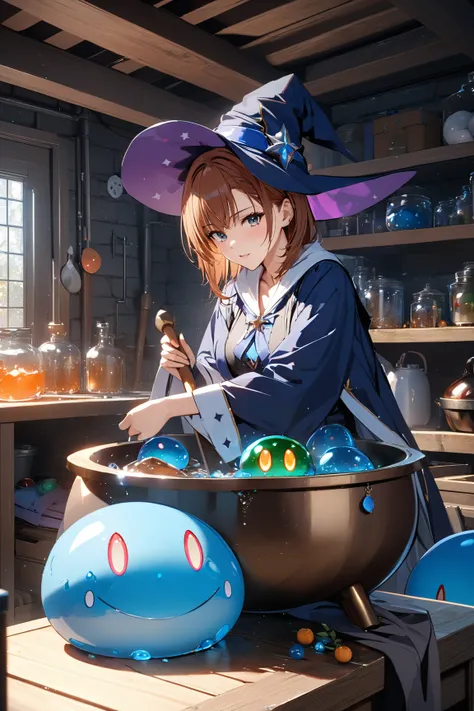 witch,  slime , secret laboratory, witch, Cauldron,  basement, ( Misaka Mikoto), masterpiece:1.5, masterpiece, highest quality, UHD, retina, masterpiece, accurate anatomy, super detailed, high quality, best quality, 8k