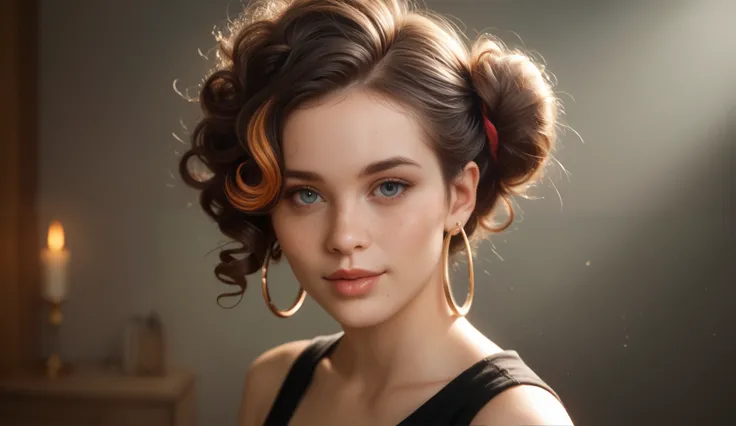 Hyper-realistic digital painting of a young woman with curly hair styled in a messy bun, with a few loose strands framing her face. Her hair is dark and glossy, with soft highlights adding depth and texture. She has a serene expression, her eyes gently clo...