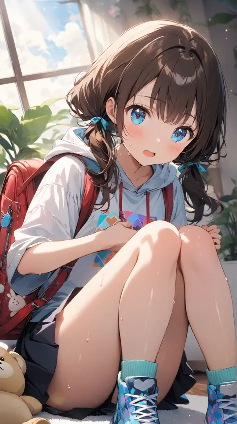  top quality、  Hi-Res,  Masterpiece,  anatomically correct,  High Details ,  textured skin,  one girl ,、small girl, from my chest:1.2、 mouth、 sky blue eyes,  indoor, Shiny dark brown hair :1.3,  long wave hair 、Hairstyle: twin tails, Hair tied with a ribbo...