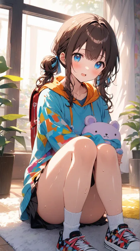  top quality、  Hi-Res,  Masterpiece,  anatomically correct,  High Details ,  textured skin,  one girl ,、small girl, from my chest:1.2、 mouth、 sky blue eyes,  indoor, Shiny dark brown hair :1.3,  long wave hair 、Hairstyle: twin tails, Hair tied with a ribbo...