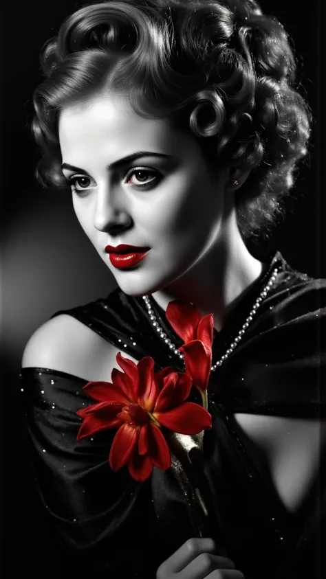 Create a captivating black and white photograph that embodies the enchanting essence of classic 1930s Hollywood glamour. The scene features an fascinating one of a kind actress adorned with vibrant, real red lipstick and a shimmering clearly, elegant red d...