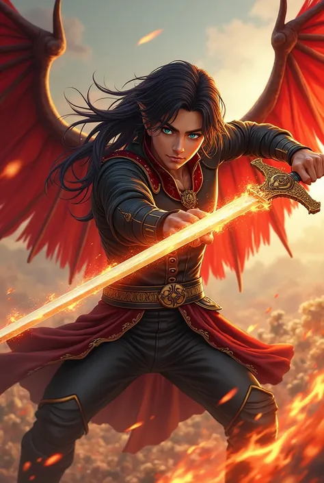 Anime style ,male with tan skin, dark black and reddish hair,royal army outfit,with firey wings,holding a sword of fire,fighting with a lean girl with long straight black hair,cyan eyes,with white and red wings,holding a sword of fire,sword clashing,in a b...