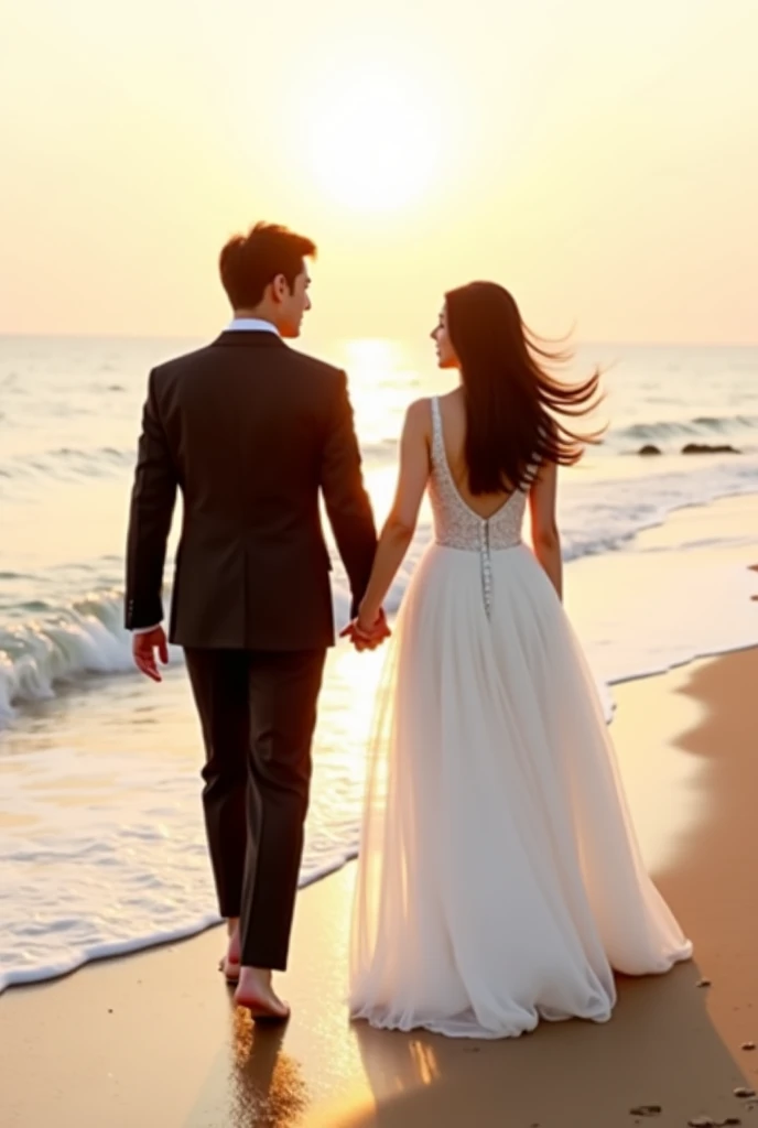 Woman and Man、Walking hand in hand at the seaside、they're both barefoot、mini skirt wedding dress、 tuxedo、遠くからの photos、 Korean、18 years old、smile、 real 、 photos、 by Nomi、hyper detailed,high quality,lighting decoration、