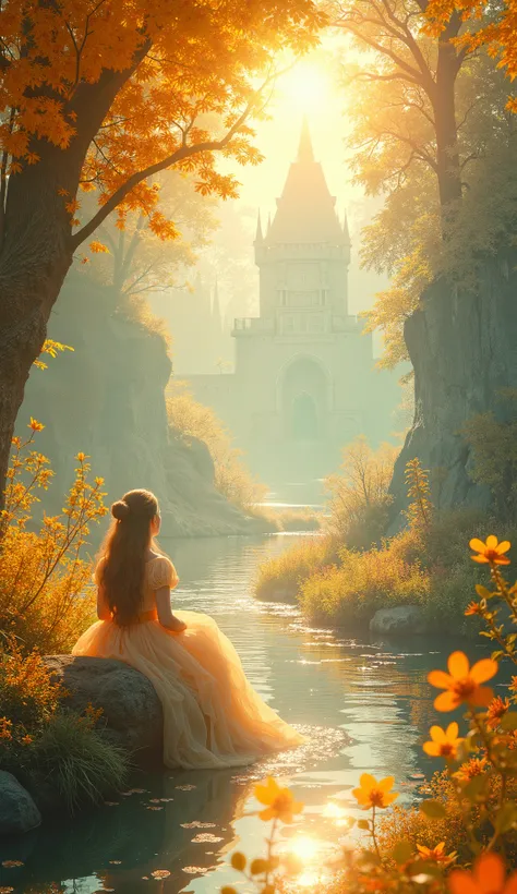 A fantastic space in yellow and orange、Glass Castle、whole,   It's transparent and sparkling  、Great mood 、Fairy Land Castle 、 Little flowers and clovers dance through the space  、  neon color、  bright color、  ultra high resolution、  princess in a dress in ...