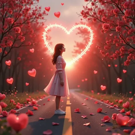  Arafad Girl Standing in the middle of the road with a heart-shaped light,  girl in love ,  conceptual art of love , Unanswered Love , Many hearts,  heart effect , Red Hearts, , unreal engine ;  Romantic Theme ,  beautiful digital art work, Emotional pictu...